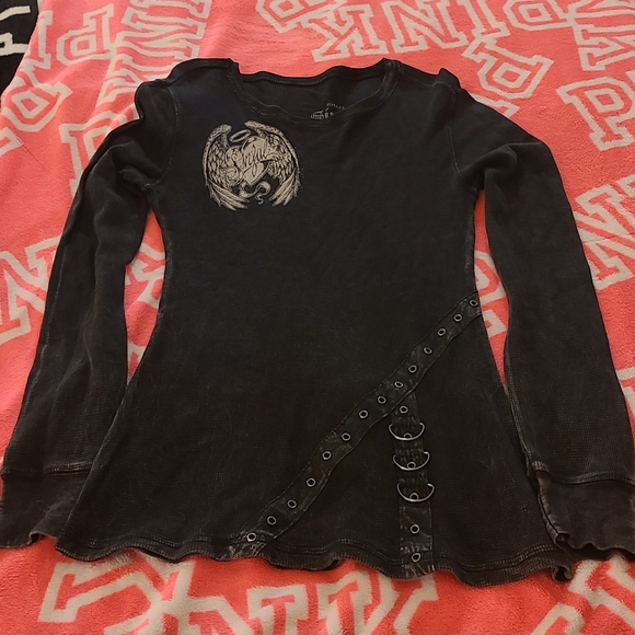 Sinful Black Long Sleeve Top with Graphic and Ring Accents - Size Small - Picture 4 of 8